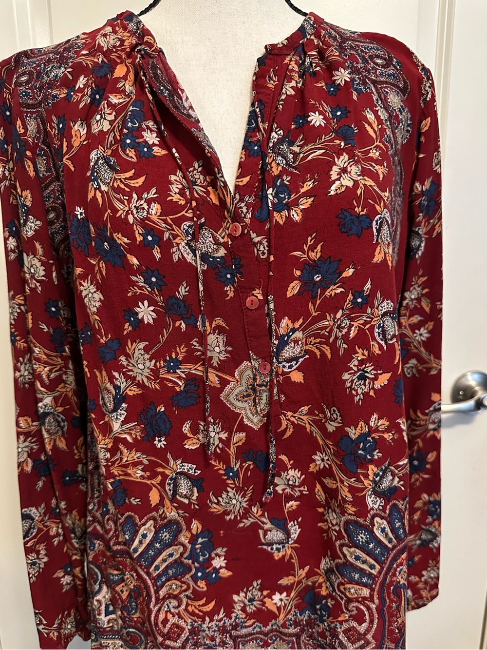 Chelsea & Theodore Burgundy Floral Button-Front Top